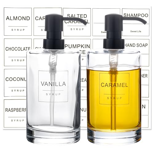 Coffee Syrup Dispenser for Coffee Bar, Coffee Syrup Pump Dispenser, Glass Syrup Bottle with Black Upgraded Pump, 2 Pack 15.5 oz 460 ml Syrup Dispensers, 18 Labels