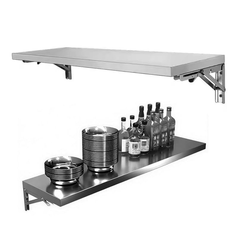Escritorio plegable de acero inoxidable para ahorrar espacio, estante de almacenamiento de cocina con soporte, compacto, 90 x 25 cm, estación de trabajo montada en la pared