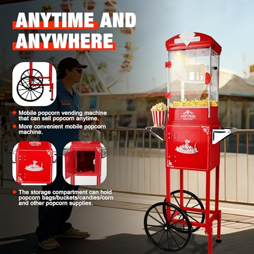 Image of Popcorn Machine with Cart,Wheels & 10 Oz Kettle Popcorn Maker Measuring 3 plastic spoon Home Theater Popcorn Machine-Red