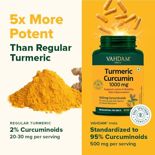 Image of VAHDAM Turmeric Curcumin for Joint Support | 90 Capsules | Piperine & 95% Curcuminoids | Anti Inflammatory Supplement