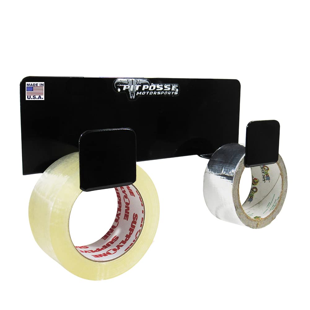 Pit Posse 546BK Duct Tape Holder Double Bracket Universal - Made in USA - for Garage Enclosed Trailer Shop Storage Organizer Motorcycle Automotive Race Aluminum Accessories -Holds 2 Rolls (Black)