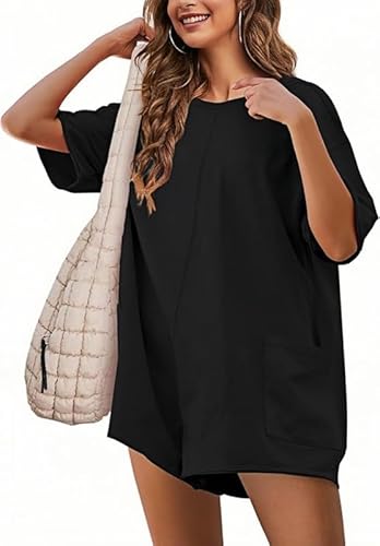 Sukiglam Jumpsuit Damen Elegant Sommer Overall V/Rundhals Kurzarm Lose Romper Casual Weites Bein Latzhosen Kurz Einteile...
