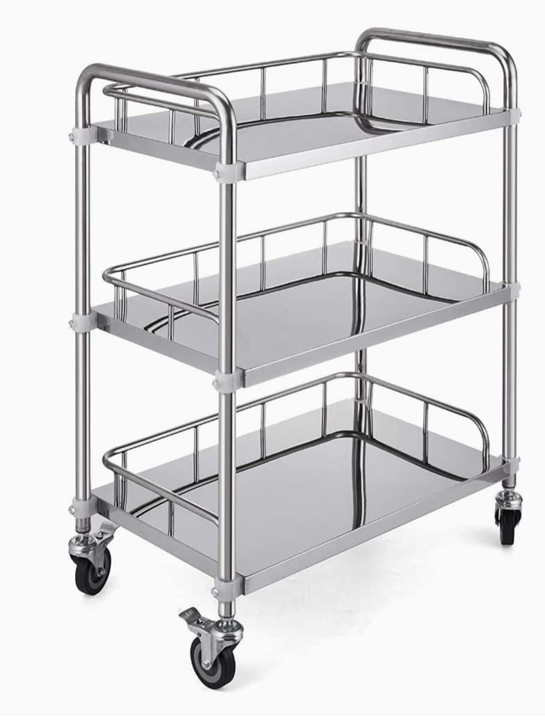 Florix nation Hospital/Clinic Trolley On Wheels 3 Tier Stainless Steel Beauty Salon Rolling Trolley, Hospital/Dental Clinic Medical Equipment Cart, Universal Brake Wheel - Chrome