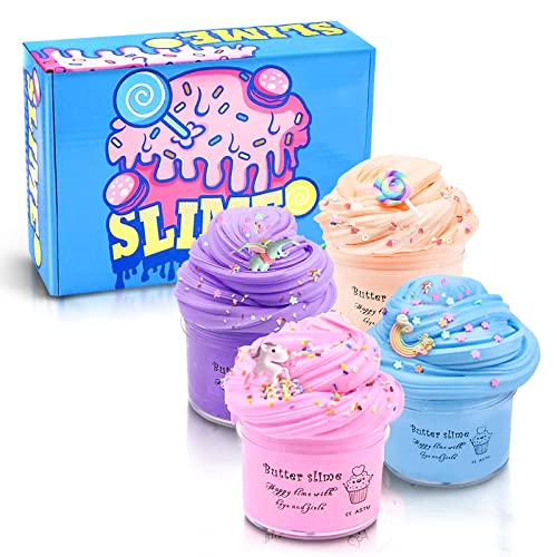 Schleim Putty Fluffy DIY Schleim Kinder Set 4 Stück Butter Slime Spielzeug Geschenke Super Dehnbar Weich und Nicht Klebrig Fluffy Slime Stressabbau Slime Kit für Mädchen Jungen Erwachsene 100ml Cover