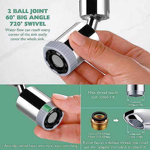 Swivel Kitchen Faucet Aerator, 3 Spray Models Faucet Sprayer Attachment, Faucet Nozzle 55/64-27Uns Famale Thread, Male Thread Adapter Included, Faucet Aerator Chrome #TOP2