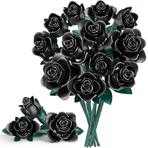Booyuer Kit de Construcción Ramo de Flores, 634 Pcs Rosas Negras Hojas y Pétalos Ajustables, Flores Artificiales, Regalo para Niños Navidad, San Valentín & Día de la Madre Adultos, Hombre o Mujer