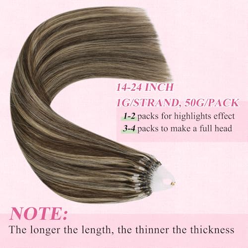 Image of YoungSee Micro Bead Hair Extensions Real Human Hair Highlight Microlink Hair Extensions Dark Brown and Blonde Highlight Micro Loop Hair Extension Human Hair 20In 57g 50s