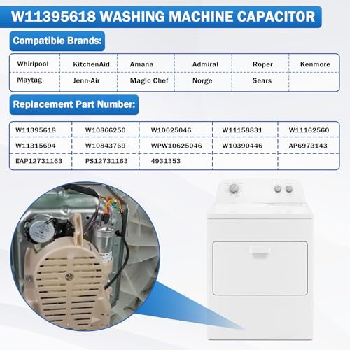 Image of Upgrade W11395618 W11162560 W10625046 Washer Motor Run Capacitor 50uF 250VAC 50 /60Hz 10000AFC Compatible With Whirlpool Washer Capacitor Replace W10390446 W10866250 W10843769 WPW10625046 W11315694