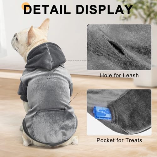 Image of BEAUTYZOO Dog Hoodie Sweaters for Small Medium Dogs- Warm Fall Winter Fleece Jacket for Cold Weather, Soft Velour Hooded Coat with Leash Hole & Pocket, Puppy Sweatshirt Clothes Bulldog Schnauzer,Grey