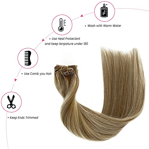 Image of Blonde Clip in Human Hair Extensions Real Remy Natural Hair 20Inch Light Blonde Highlighted Golden Blonde Balayage Clip for Hair Extensions 7 Pieces 70G