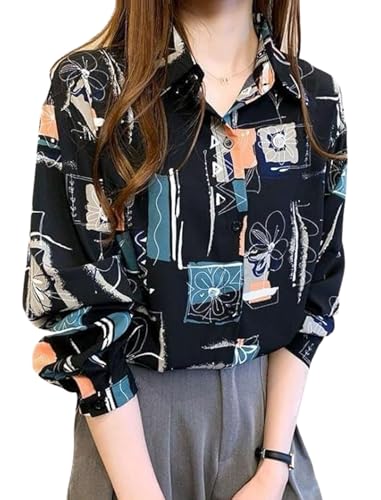 Image of ROYALICA Women's Short Sleeve Drop Shoulder Collared Blouse Button Down Graphic Print Blouse Shirts Top