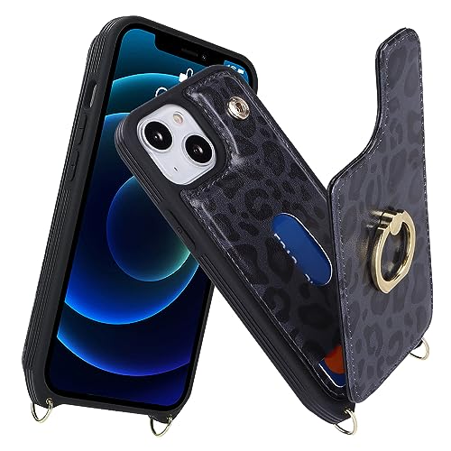 Image of for iPhone 13 Mini Case with Card Holder and Strap for Women,Crossbody Lanyard,Kickstand Ring Stand,Snap Clasp,RFID Blocking,Cute Phone Wallet Cases 5.4 inch(Black Leopard)