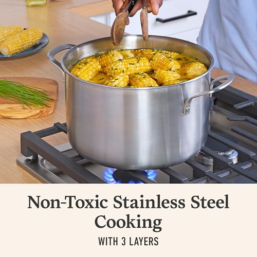 Image of Calphalon Brushed 3-Ply Stainless Steel Cookware Set w /Turbo Heat Tech 6Qt Stock Pot with Lid, Induction, Oven Safe 450F, Brushed Stainless Silver
