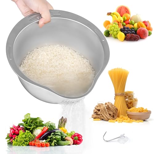Winter Shore Reis Waschschüssel aus Edelstahl - Lebensmittelechtes Sieb Reis mit Ausgießer - Nudelsieb Edelstahl Sieb Küche zum Waschen & Abtropfen von Quinoa, Obst, Gemüse, Getreide, Bohnen