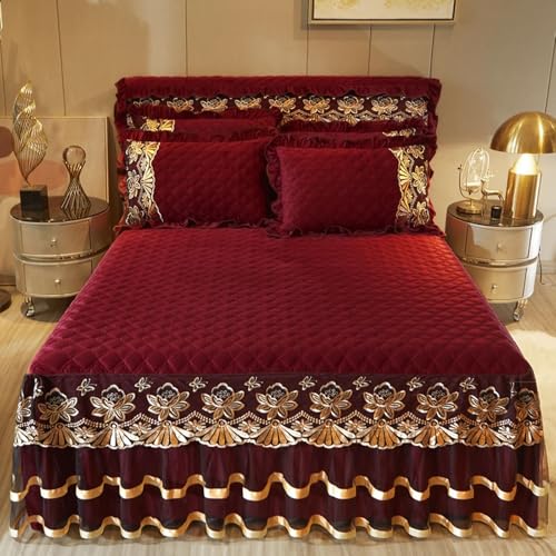 Daesar Sábanas Bajeras,Patrón de Encaje Bordado con Color Sólido Poliéster Sábanas Bajeras Cama Vino Tinto,150 x 200 CM