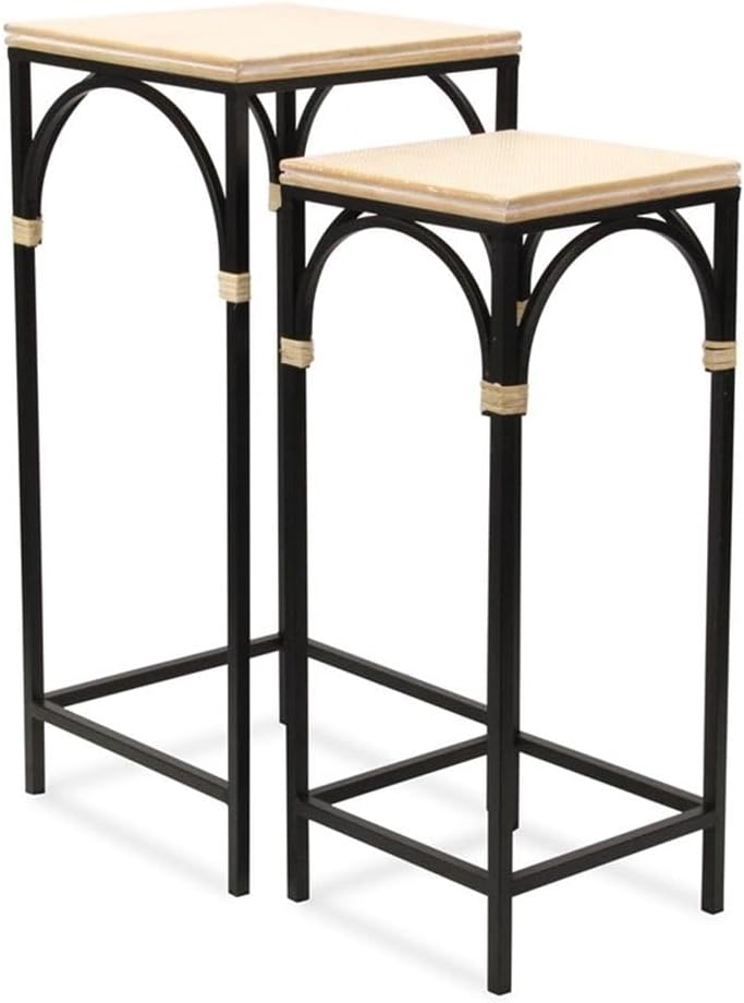 Pemberly Row Set of 2 Square Side Tables, Handcrafted Wood and Metal Frame with Rattan Accents, Black Finish, Alternating Line Pattern, Nesting Design for Living Room, Entryway, Bedroom Decor