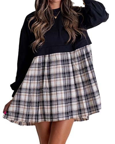 Women's Long Sleeve T-Shirt Dress Loose Plaid Print Patchwork Round Neck Short Dress Casual Swing Mini Dress Autumn (A-2, L)