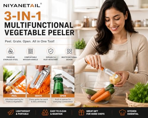 Image of 4-in-1 Multifunctional Vegetable Peeler with Wooden Handle Stainless Steel Fruit & Vegetable Grater & Bottle Opener Ergonomic Kitchen Peeling Tool for Potato, Carrot, Apple, Cucumber & More