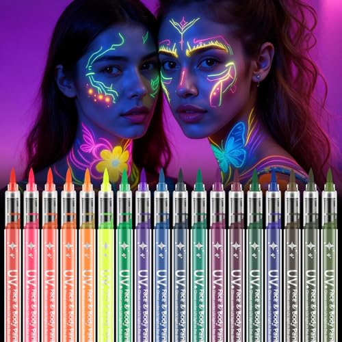 AOOWU Pintura de rosto de néon brilhante UV, 18 cera de tatuagem de cor, não tóxico cera lápis UV néon para adultos e crianças, cores da pintura corporal para Halloween, Mardi Gras, festa de disfarces