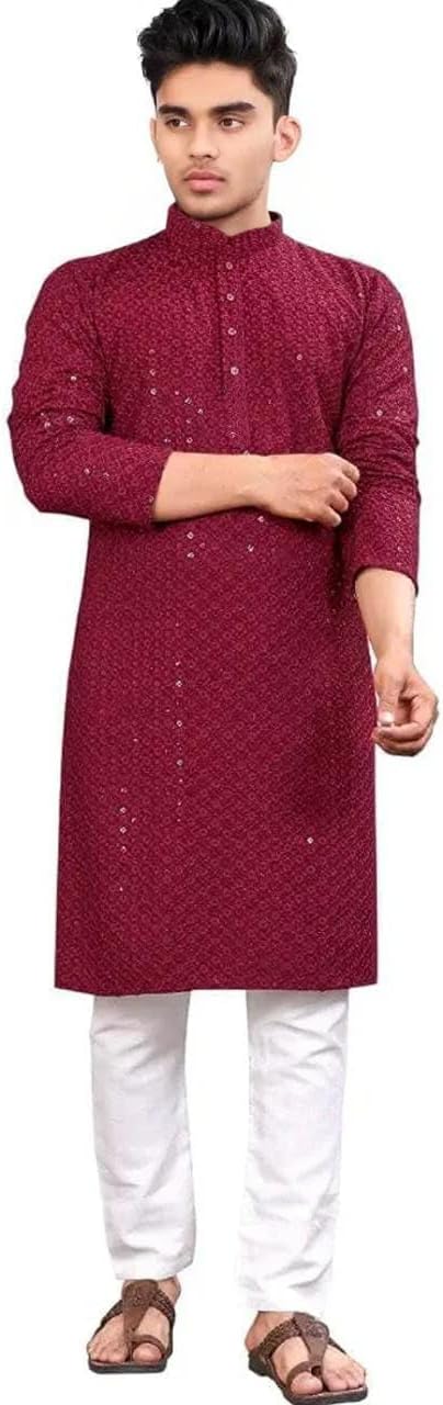 Trustous Men's Indian Ethnic Wear Straight Lucknowi Kurta