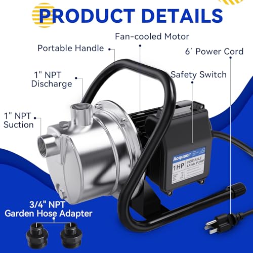 Image of Acquaer 115V Shallow Well Garden Pump, Stainless Steel, Sprinkler Water Transfer Draining Irrigation Pump 998 GPH, for Water Removal Lawn Garden,1HP Portable