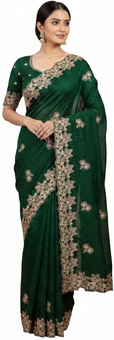Women Vichitra Silk Saree with Embroidered Border| Latest Sarees Bollywood Sari | New Sarees | Saree Blouse| Designer Saree