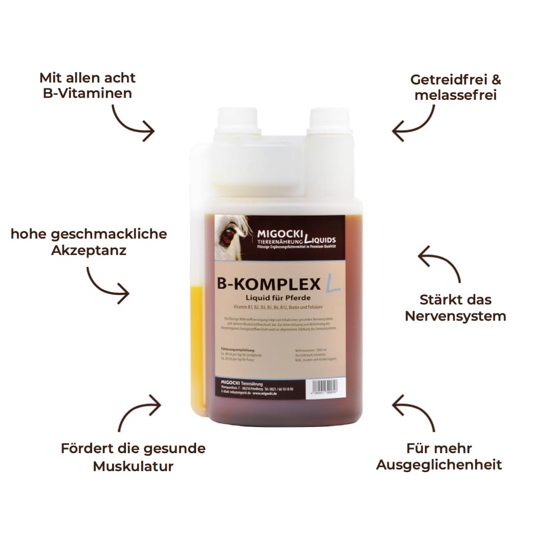 MIGOCKI Vitamin B-Komplex Liquid - 8 wichtige B-Vitamine - Stärkt Nervensystem und Muskulatur - Flüssiges Ergänzungsfuttermittel - 1000 ml Dosierflasche