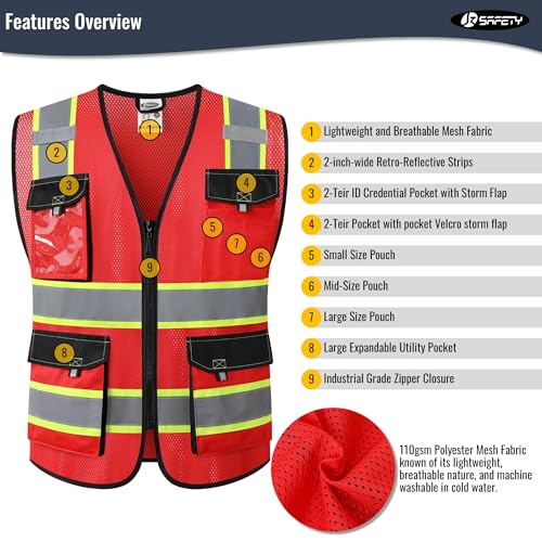 Image of JKSafety Hi Vis Reflective Safety Vests for Men Women High Visibility Vest with Pockets Mesh Fabric Construction Safety Apparel Neon Vest for Work (220-Red 3XL)