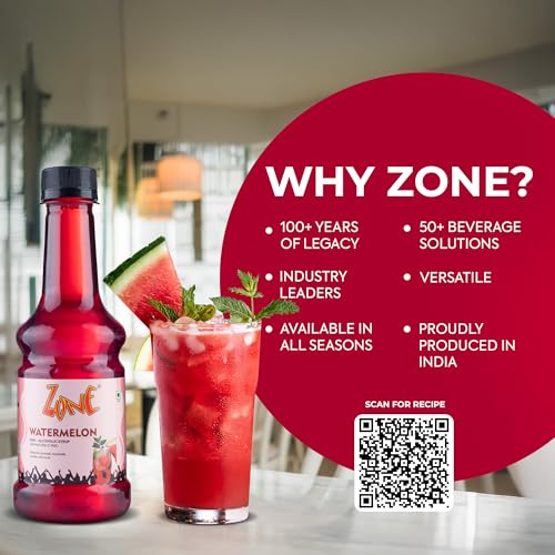 Image of Zone Watermelon Syrup 300ml | Refreshing Pure Watermelon Flavour for Mocktails, Cocktails, Lemonades & Sodas | Premium Taste, Non Alcoholic, More Servings For Professional & Home Use | 12+ Flavours