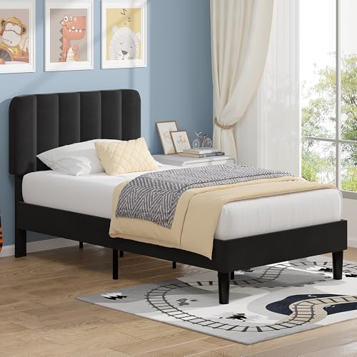 Image of VECELO Twin Size Bed Frame with Upholstered Headboard, Velvet Platform Bedframe Mattress Foundation, Strong Wood Slat Support, No Box Spring Needed,Black