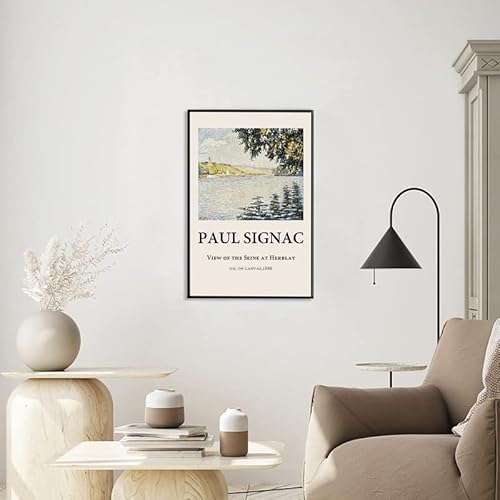 Gufro Pual Signac Framed Canvas Wall Art,View Of The Seine At Herblay Landscape Oil Painting Reproduction Artwork For Living Room, Bed Room, Office Home Decorations - 12''X16''Black Framed #TOP2