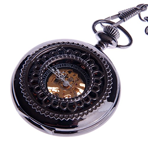 ShoppeWatch Reloj Esqueleto de Bolsillo con Mecanismo de Cuerda Manual con Esfera de Bronce con Números Romanos en Rojo y Medio Hunter de Estilo Vintage - PW33 Cover