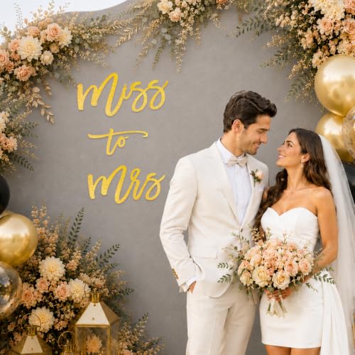 Image of Miss to Mrs Sign, Felt Letter Photo Props for Bridal Shower and Bachelorette Party, Engagement Wedding Balloon Arch (Glitter Gold)