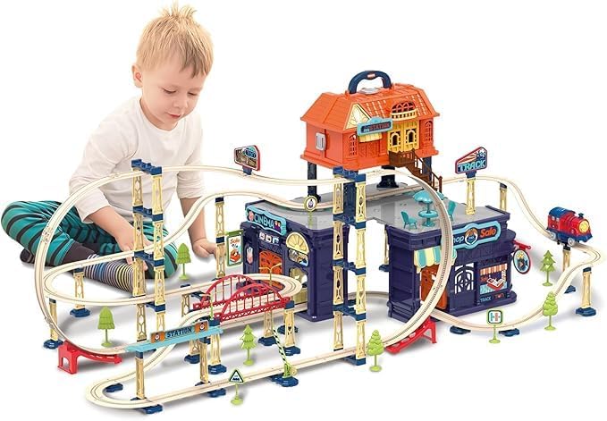 Juego de pistas de tren para niños pequeños y niños 206 piezas de vías de tren con curvas reversibles, puentes, rampas Juguete de aprendizaje STEM