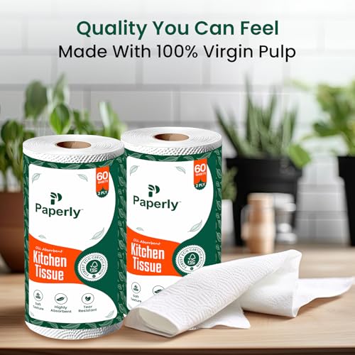 Image of Kitchen Tissue Roll 2 Ply, 60 Sheets, Highly Absorbent Oil & Spill Cleaning Paper Towels, Soft Tear Resistant Disposable Kitchen Wipes (Pack 3)