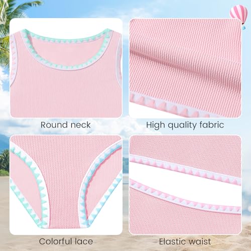 Image of Girls Bathing Suit Toddler Swimsuits 2 Piece Bikini Sets Round Neck Colorful Lace Teen Girls Swimwear 3-14T