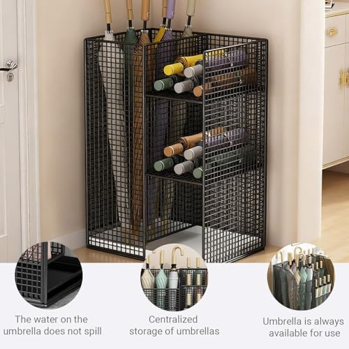 Large Capacity Multi-Tier Metal Umbrella Stand - Freestanding, Removable Base - Ideal for Home, Hotel, School - Stylish Black Design for Indoor/Outdoor Use
