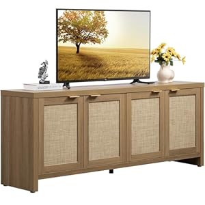 SICOTAS TV Stand for Living Room Boho Entertainment Center for Bedroom with 4 Rattan Cabinets Farmhouse Television Stands with Storage Large Media Console Table for TVs up to 45 50 55 60 65 Inch