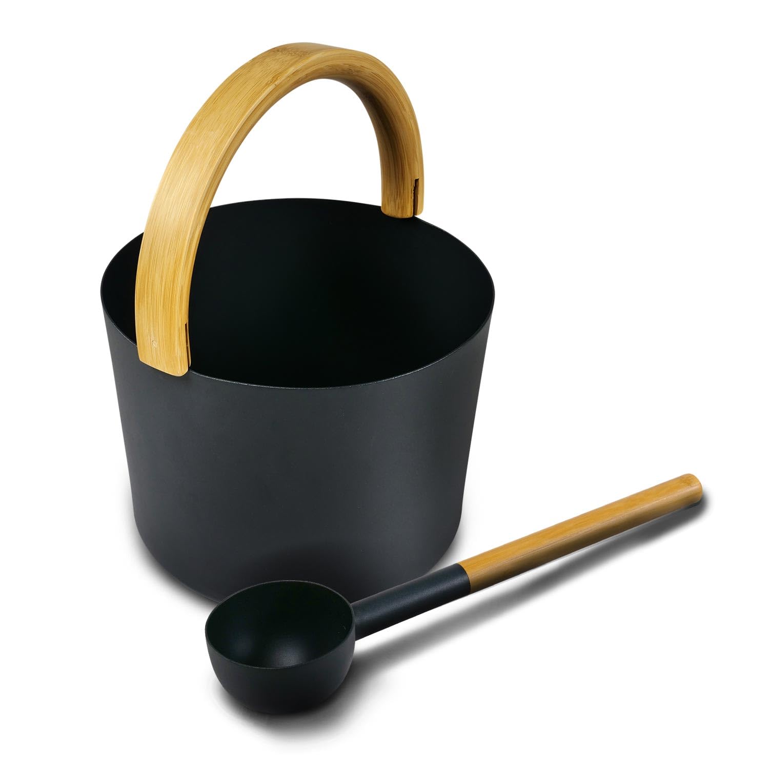 KOLO Sauna Set Kiulu 2 - Kübel 5 l + Aufgusskelle 300 ml - Schwarzes Aluminium - Bambusgriff - 2-teiliges Premium-Set für Aufgüsse und authentische finnische Saunakultur - Made in Finland