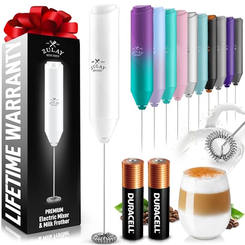 Image of Zulay Kitchen Powerful Milk Frother AA Batteries Included - Ultra Fast Handheld Drink Mixer with Stainless Steel Whisk Stirrer for Coffee, Protein, Matcha & More, Frother Wand Electric Frothmate White