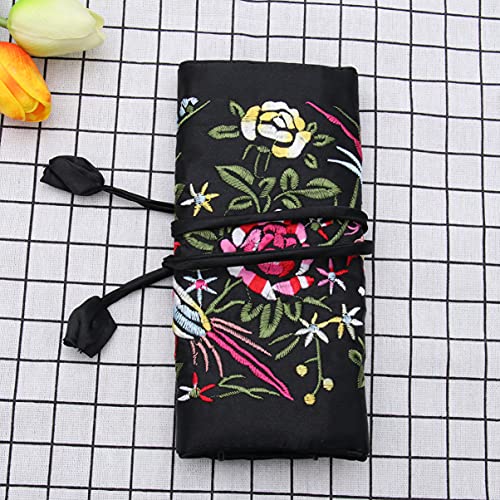 jojofuny-Jewelry-Roll-Silk-Jewellery-Roll-Wrap-Embroidery-Brocade-Jewellery-Bag-Roll-Jewelry-Pouch-Organizer-Travel-Storage-Case-Makeup-Organizer-Black