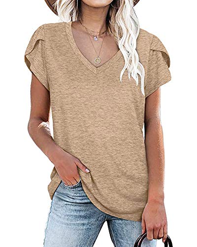 Juliet Holy Womens V Neck T Shirts Summer Petal Sleeve Casual Tops Tees Brown