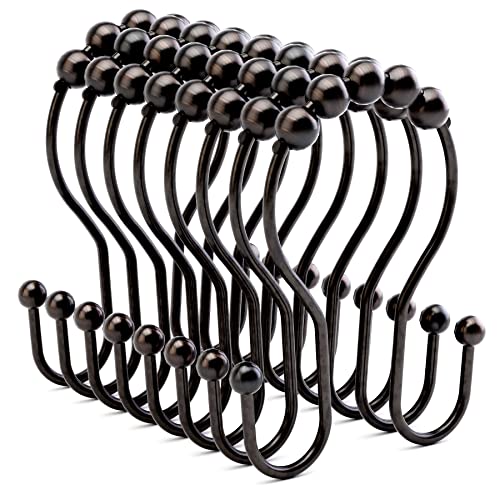 Bathway Shower Curtain Hooks Bronze Shower Curtain Rings Rust Proof Double Hook Shower Curtain Hooks 12 Pcs Shower Hooks for Shower Curtain Shower Rings for Curtain Bathroom Metal Shower Rod Hooks