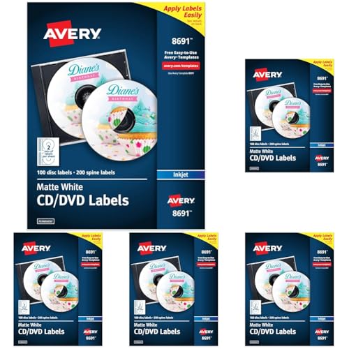 Avery Printable CD Labels, Matte White, Permanent Adhesive, Inkjet Printer Compatible, 100 Disc & 200 Spine Labels, Ideal for CDs, DVDs, PC Discs, Media Projects (8691) (Pack of 5)