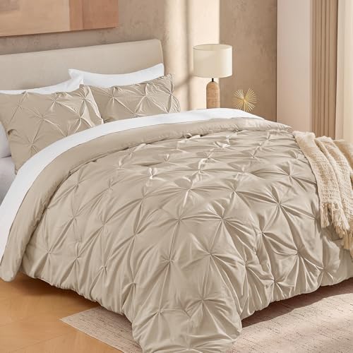 Image of Andency Oversized King Pinch Pleat Comforter Set (120 inchx98 inch),3 Piece Lightweight Pintuck Bedding Comforters & Sets, Fluffy Down Alternative Comforter with 2 Pillow Shams for All Season,Khaki