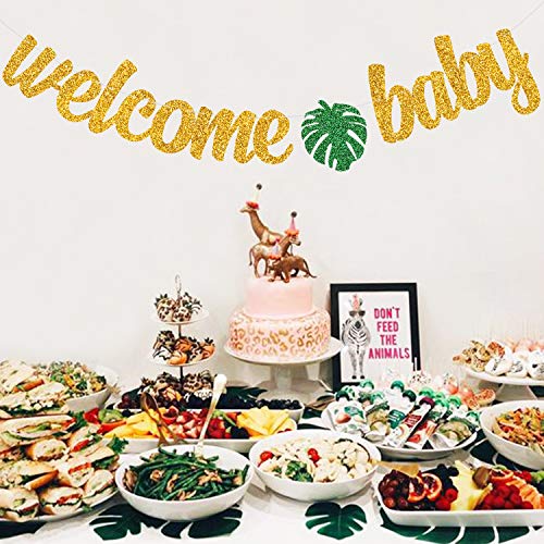 Magbea Gold Glitter Welcome Baby Banner With Tropical Palm Leaves Safari Animal Jungle Theme Baby Shower Gender Reveal Birthday Party Decorations For Boys Girls #TOP6