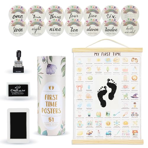 Jinrobabes Baby Shower Gifts, 6-piece Baby Keepsake for Recording Baby Growth, Baby Room Decor Poster My First Times, Baby Milestone Cards, Date Stamp, Baby Inkless Footprint Kit