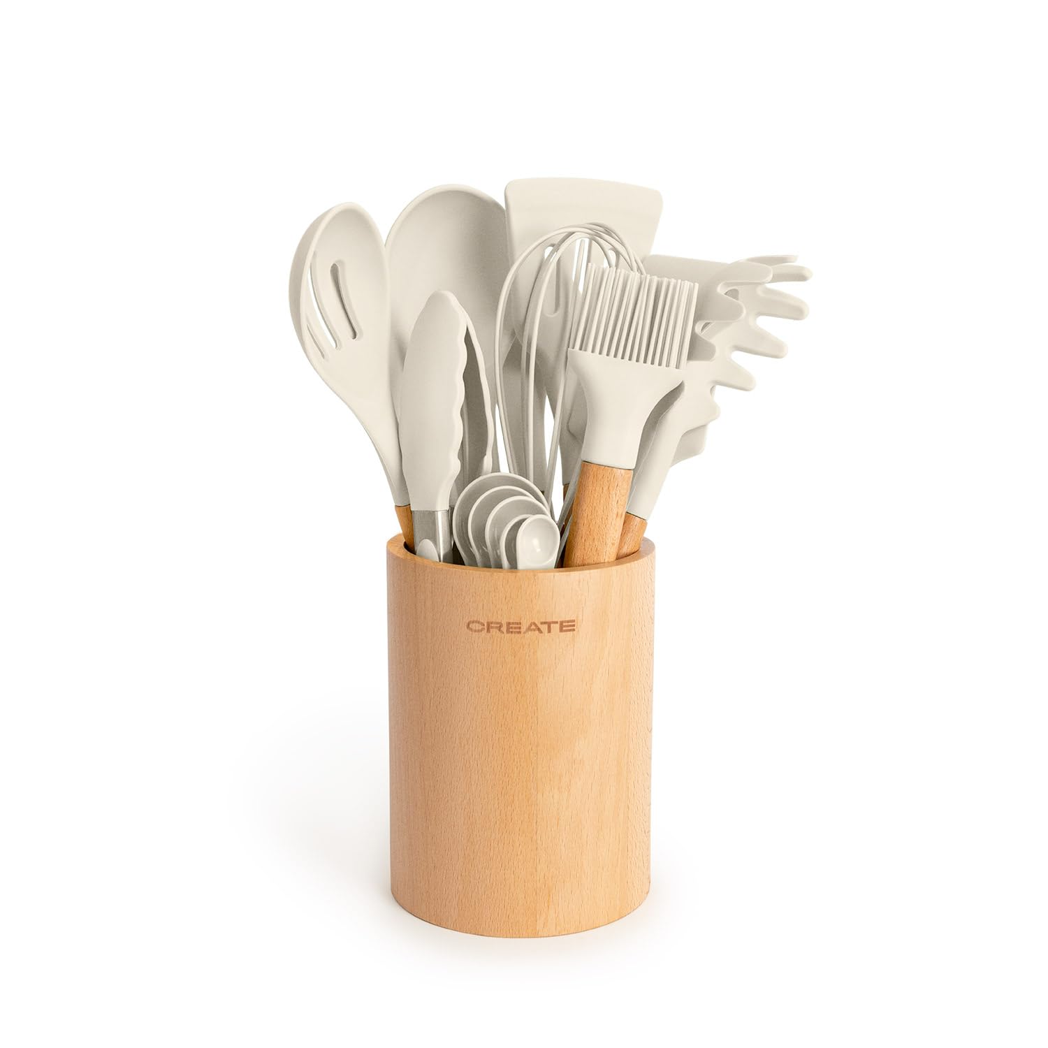 CREATE/​Set d'utensiles de cuisine Blanc cassé et bois / 11 Utensiles de cuisine en silicone et bois hêtre naturel, sans BPA, jusqu'à 230°C
