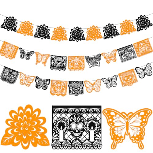 HOWAF 27pcs Day of The Dead Papel Picado Banner Felt Dia De Los Muertos Sugar Skull Marigold Butterfly Hanging Garland for Mexican Dia de Los Muertos Altar Decor Black Orange Cinco De Mayo Flag