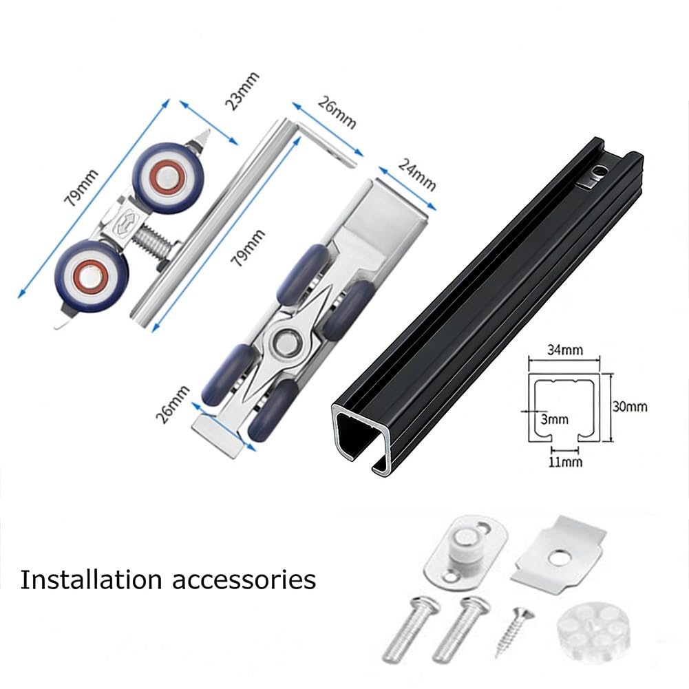 Kit de riel de puerta corredera de techo doble, sistema invisible de puerta corredera para armario, muebles, riel de aluminio y rodillos de acero, kit de herrajes de funcionamiento suave